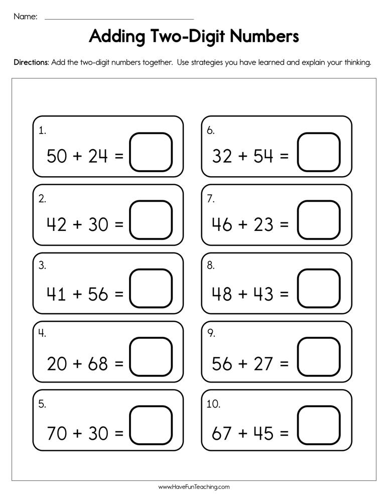 Two-digit addition worksheet with ten problems and answer boxes