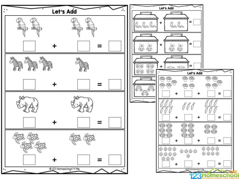 Black-and-white math worksheets with animal pictures and addends