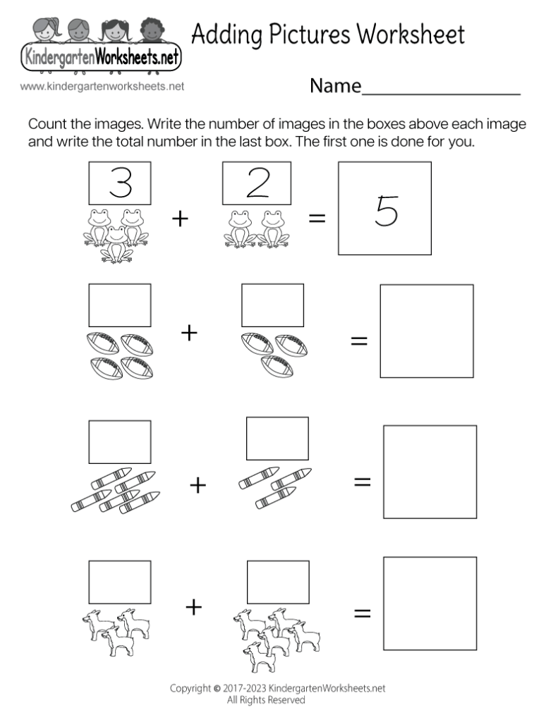 Kindergarten adding pictures worksheet with frogs, footballs, crayons, goats