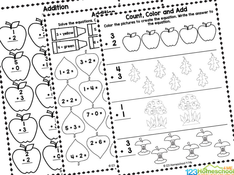 Black-and-white math worksheet with apple addition problems and pictures