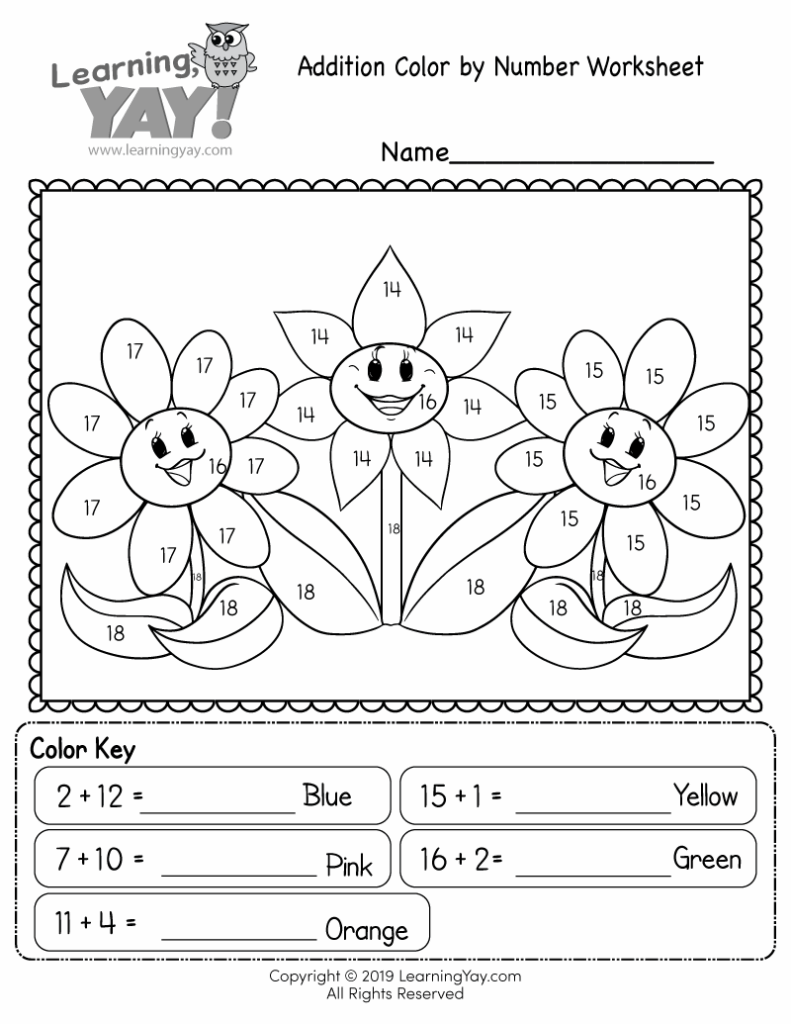 Black-and-white addition color-by-number flower worksheet