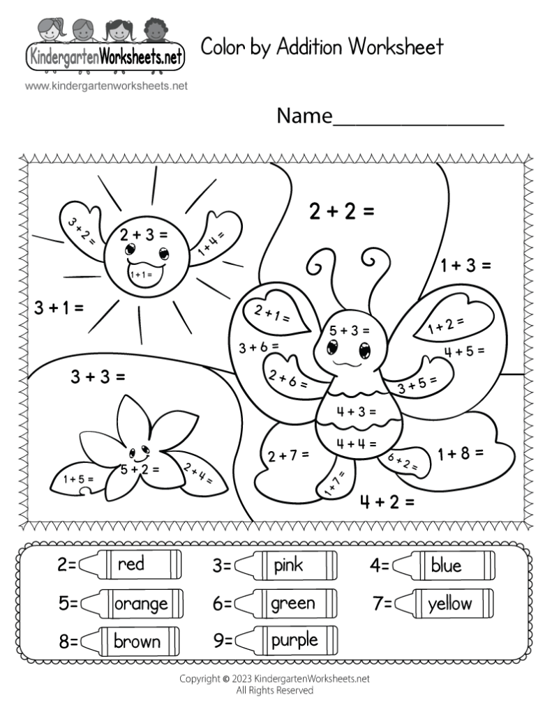 Color-by-addition worksheet with butterfly and flowers