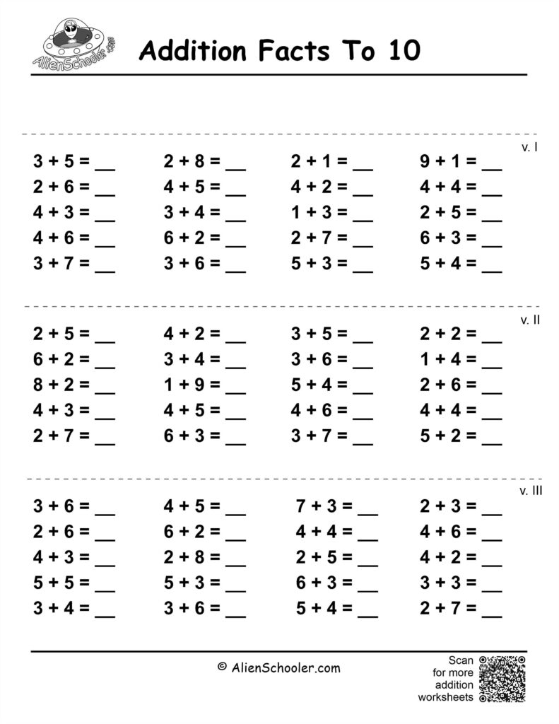 Addition facts to 10 worksheet with math problems