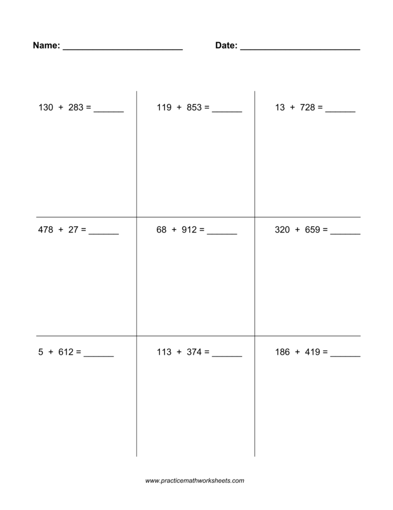 Blank math worksheet with addition problems and name, date lines