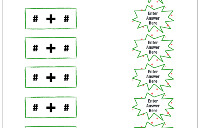 Blank addition worksheet with seven problems and answer bursts