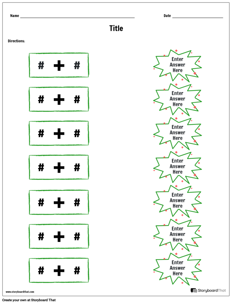 Blank addition worksheet with seven problems and answer bursts