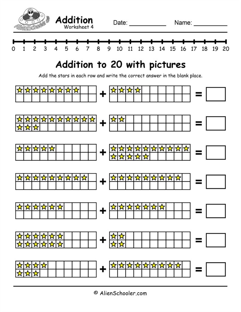 Addition worksheet with star counting problems to 20