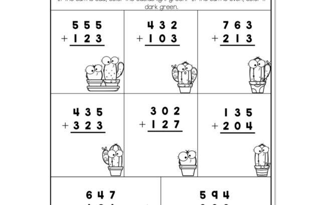 Cactus addition worksheet with numbered problems and cartoon cacti