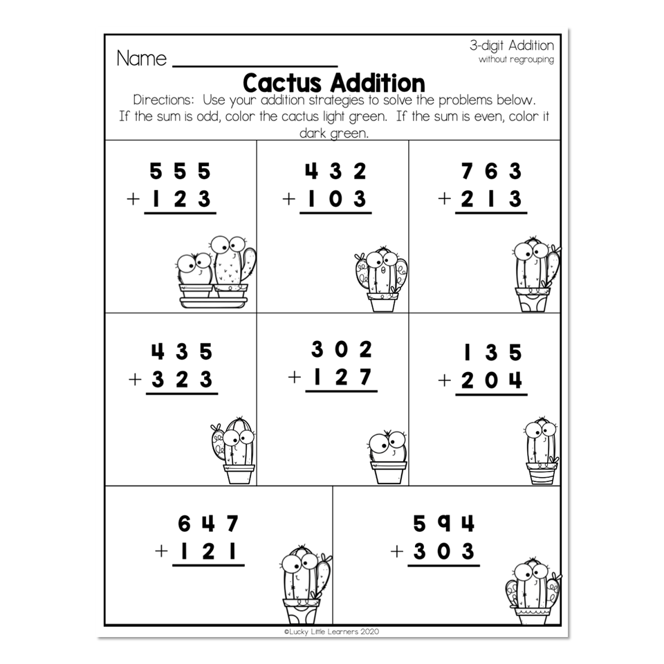 Cactus addition worksheet with numbered problems and cartoon cacti