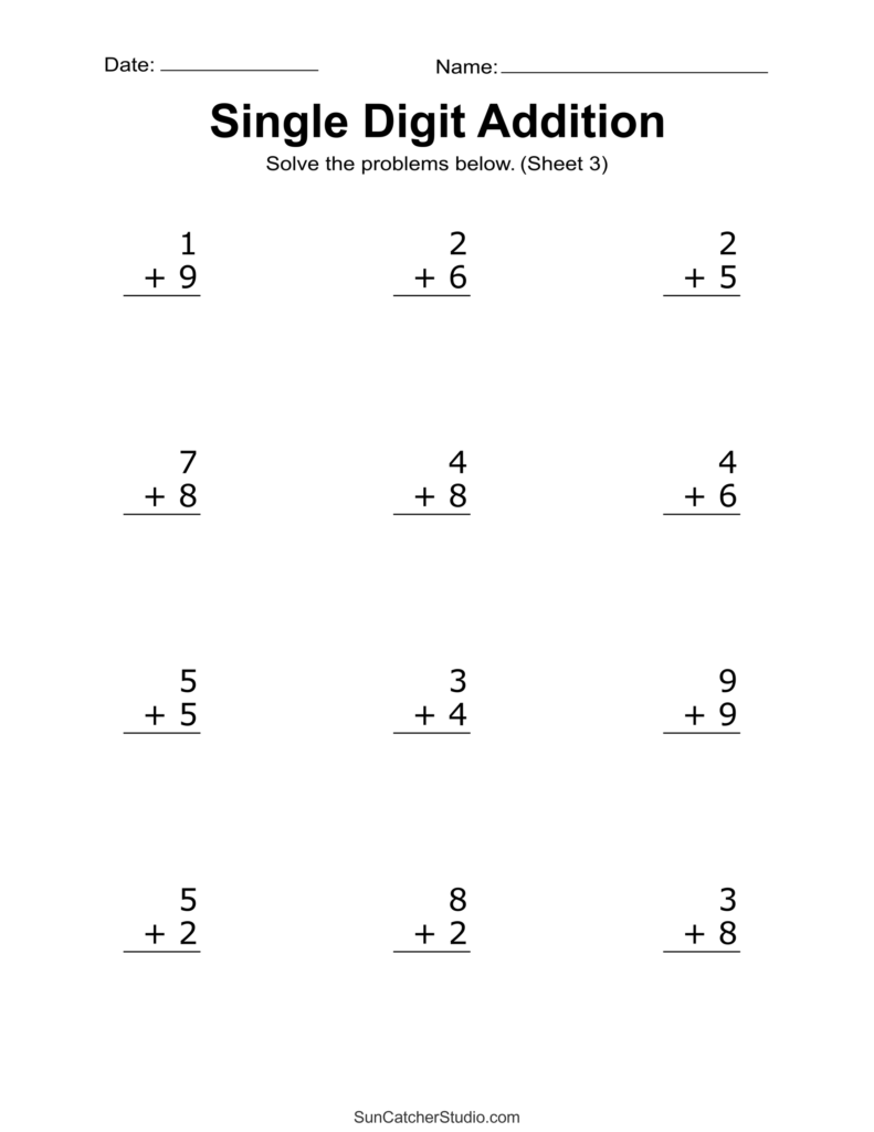 Single digit addition worksheet with twelve problems