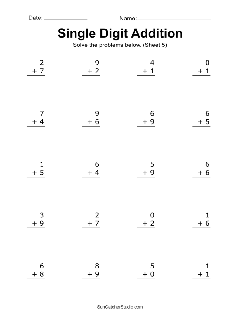 Single digit addition worksheet with twenty problems