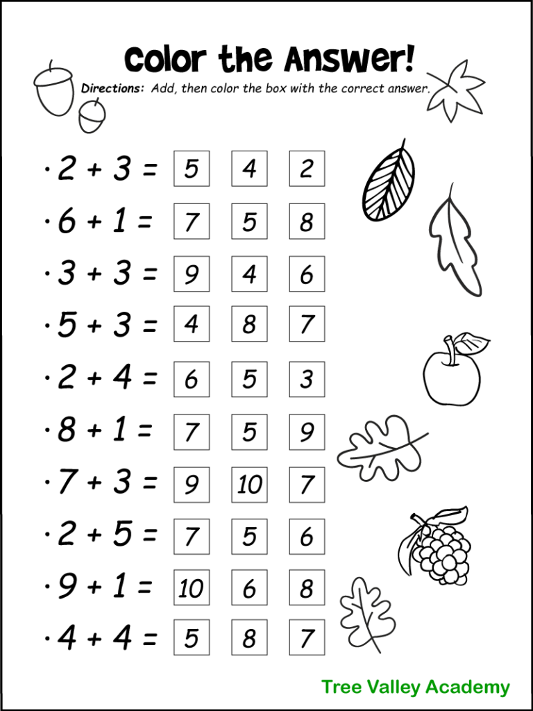 Addition worksheet with fruit and leaf drawings, multiple choice boxes