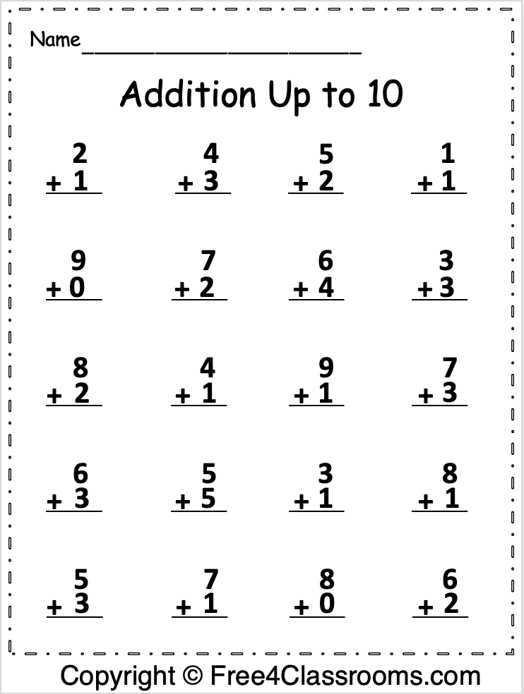 Addition up to 10 worksheet with number problems