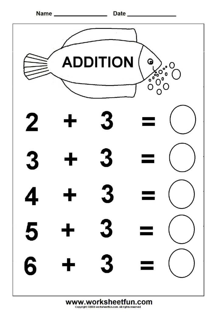 Addition worksheet with fish and simple equations