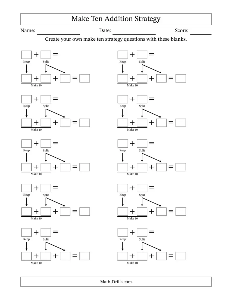Make Ten Addition Strategy worksheet with blanks and arrows