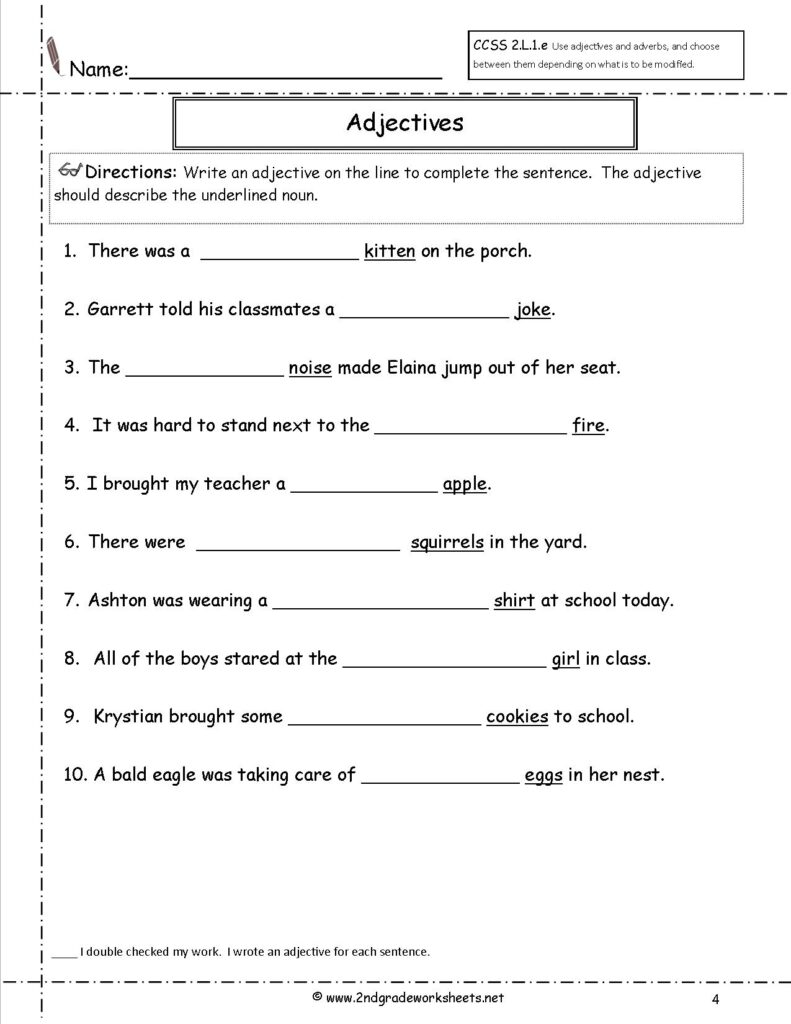 Black-and-white adjectives worksheet with ten fill-in sentences