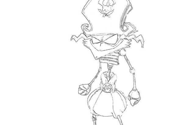 Sketch of a cartoon pirate with skull hat, full body
