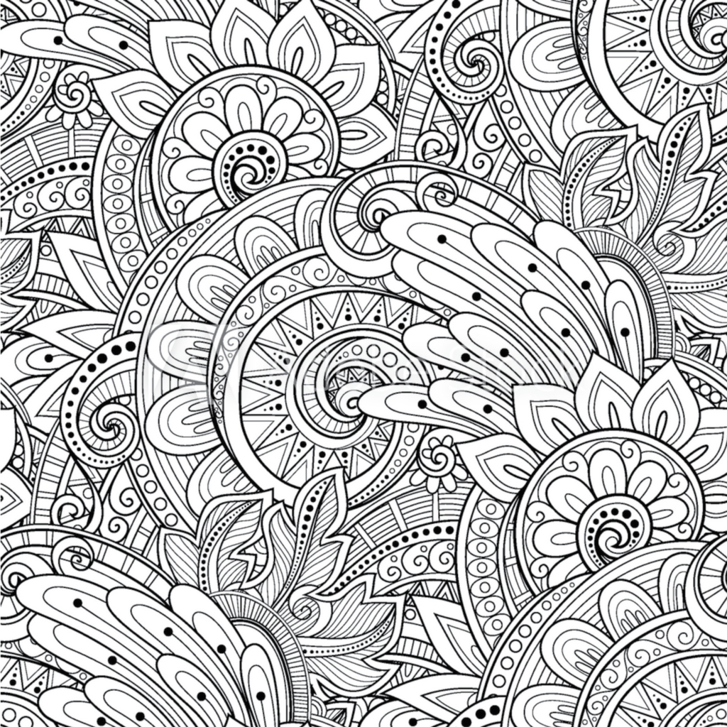 Intricate black-and-white floral and paisley line art pattern
