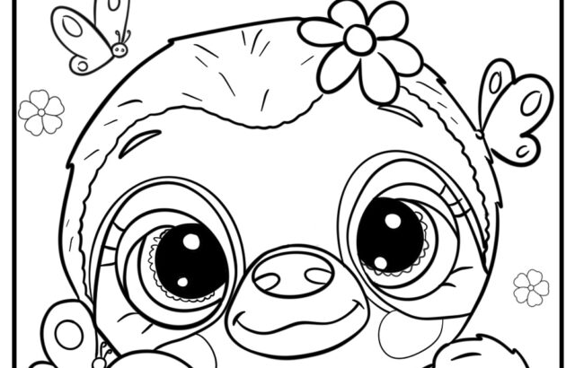 Cartoon sloth face with butterflies and flowers