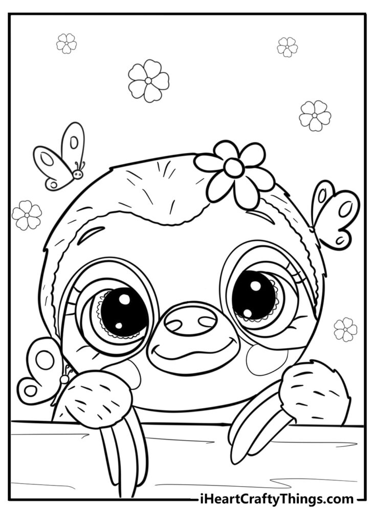 Cartoon sloth face with butterflies and flowers