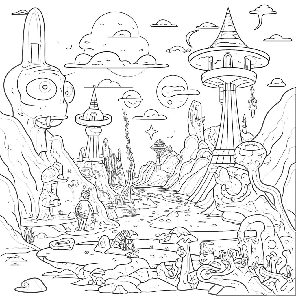 Surreal alien landscape with towers, clouds, and giant face