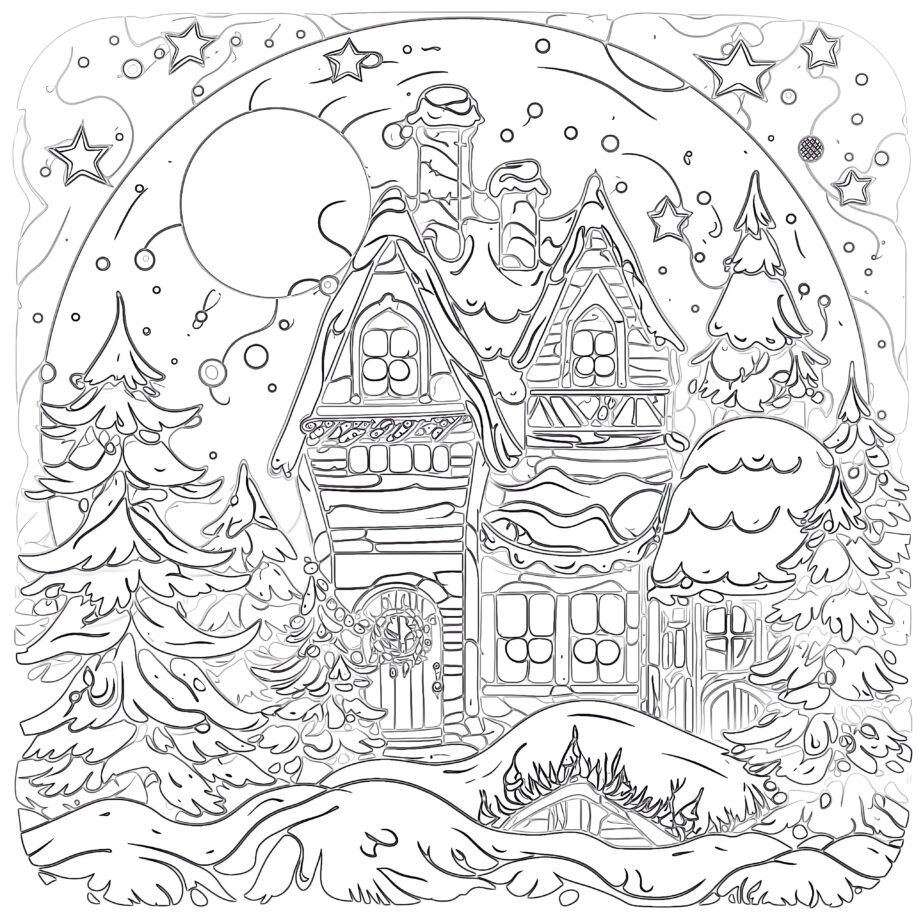 Snowy cottage with pine trees and stars