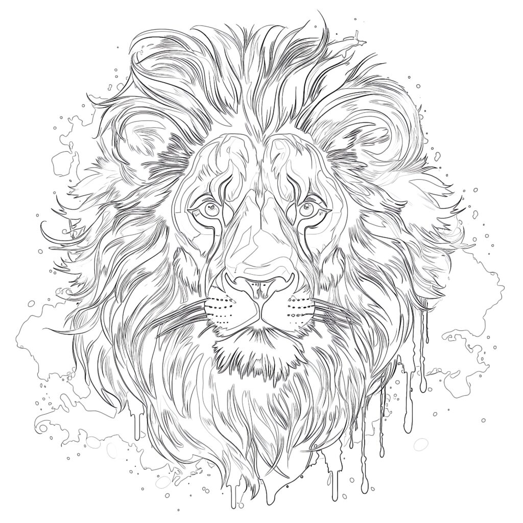 Black-and-white line drawing of a lion’s face with flowing mane
