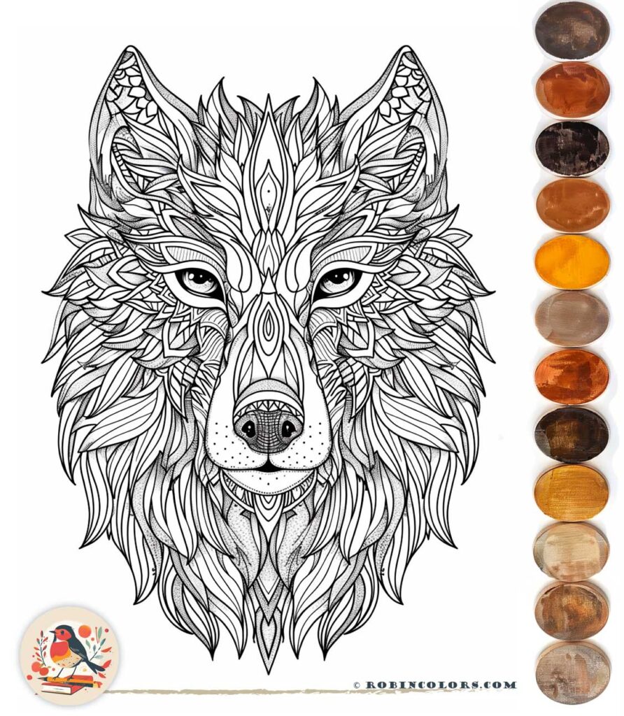 Intricate black-and-white wolf face coloring page with paints