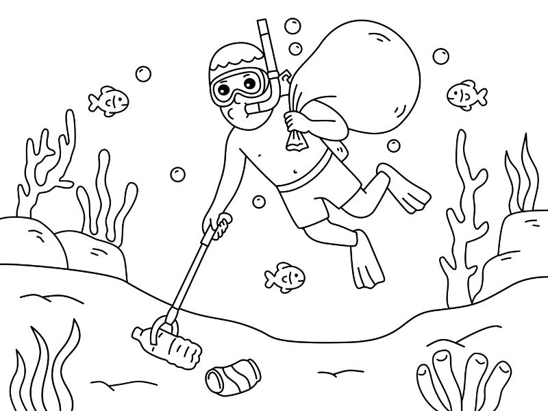 Scuba diver collecting trash underwater near fish and coral