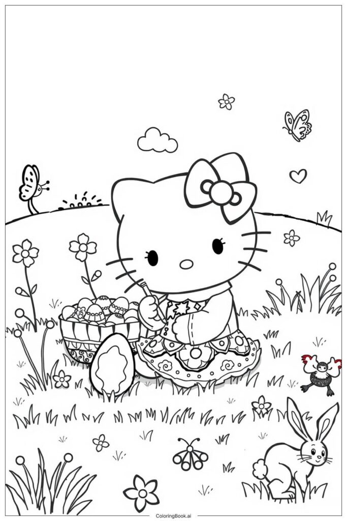 Hello Kitty holding paintbrush beside Easter basket in meadow