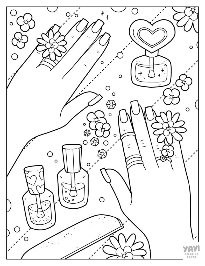 Black-and-white coloring page of decorated manicured hands and nail polish bottles