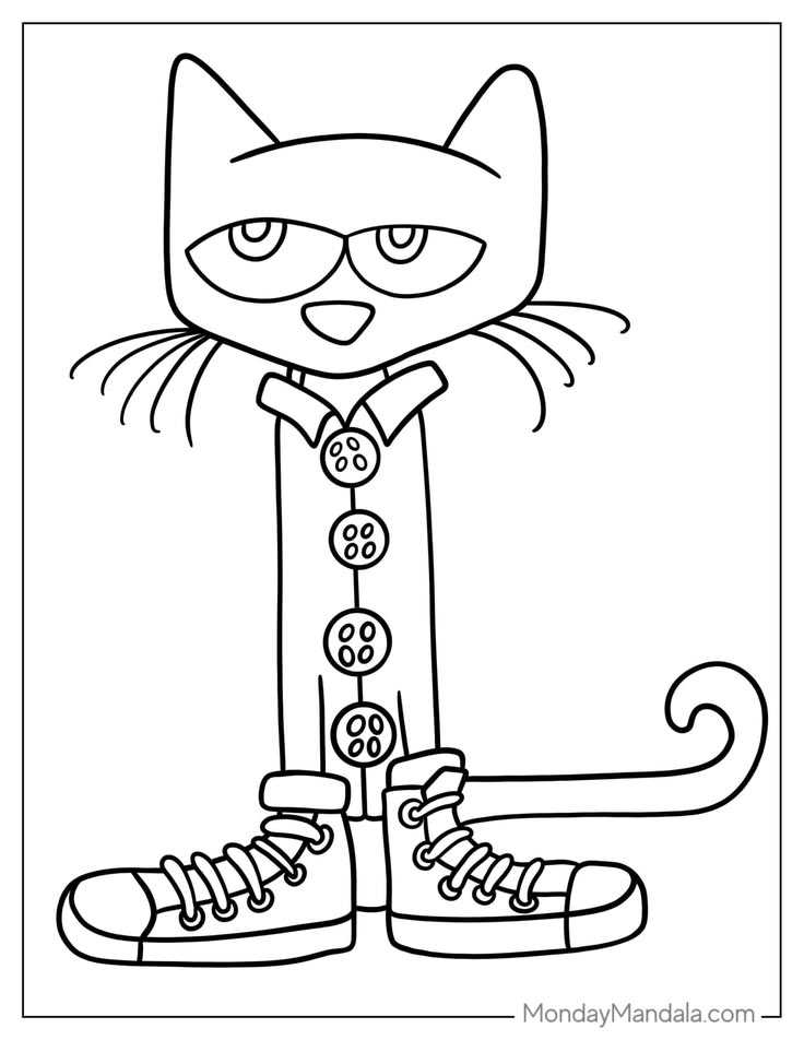Black-and-white cartoon cat in coat and sneakers