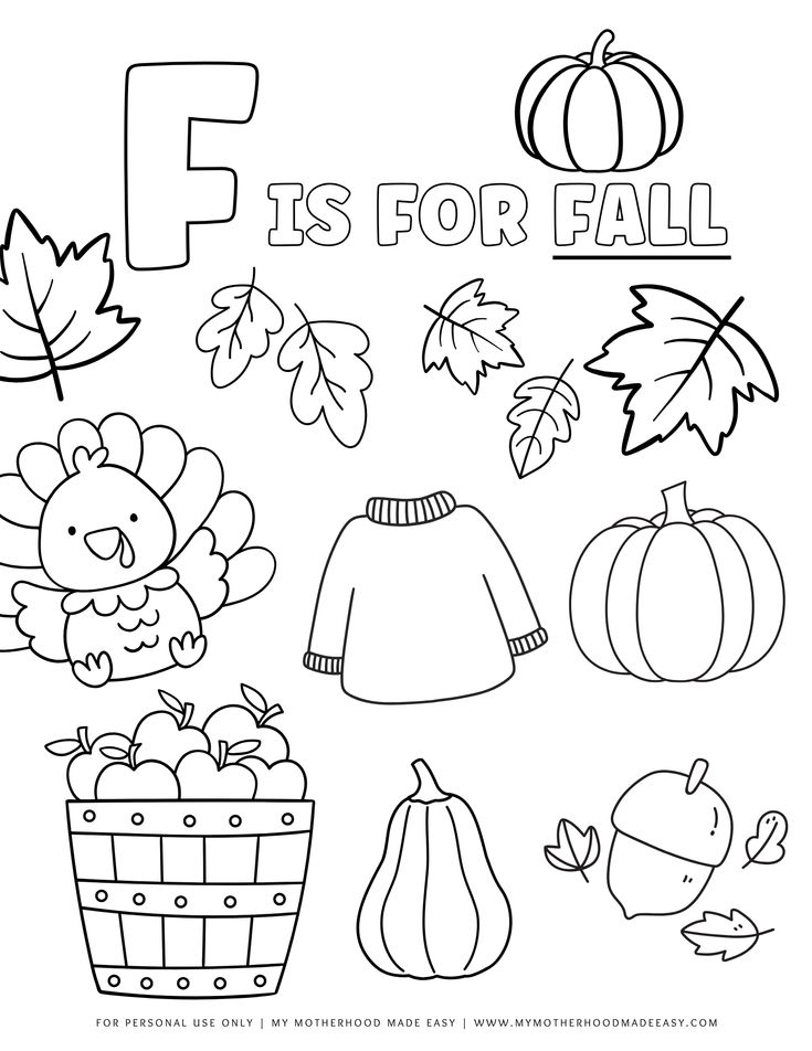 Fall-themed coloring page with leaves, pumpkins, turkey, sweater, apples, acorn, and text.