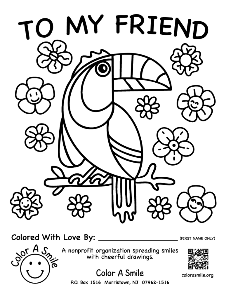 Toucan on branch surrounded by flowers and text