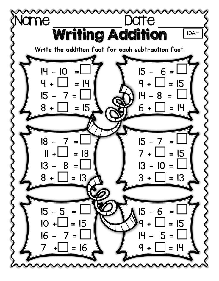 Black-and-white math worksheet with addition and subtraction problems