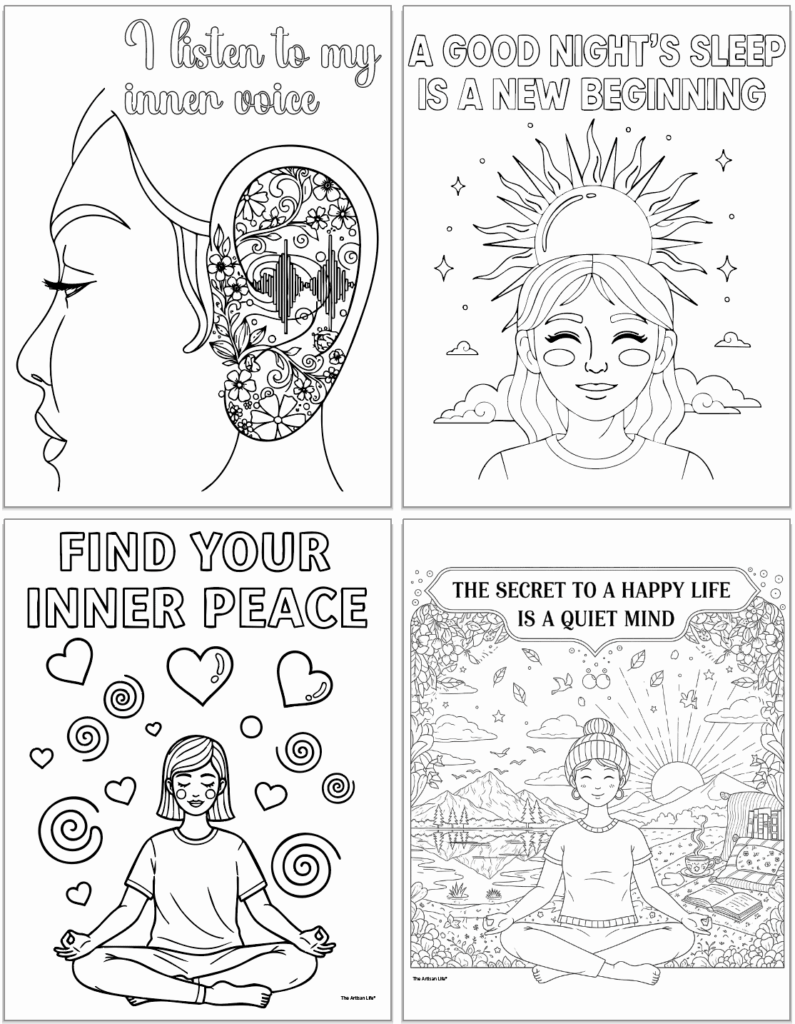 Four inspirational coloring pages with meditating women, quotes