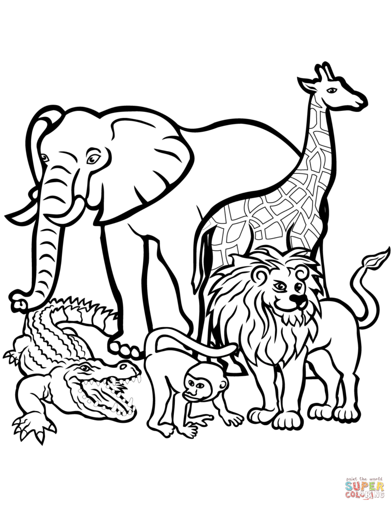 Black-and-white animal coloring page with five animals
