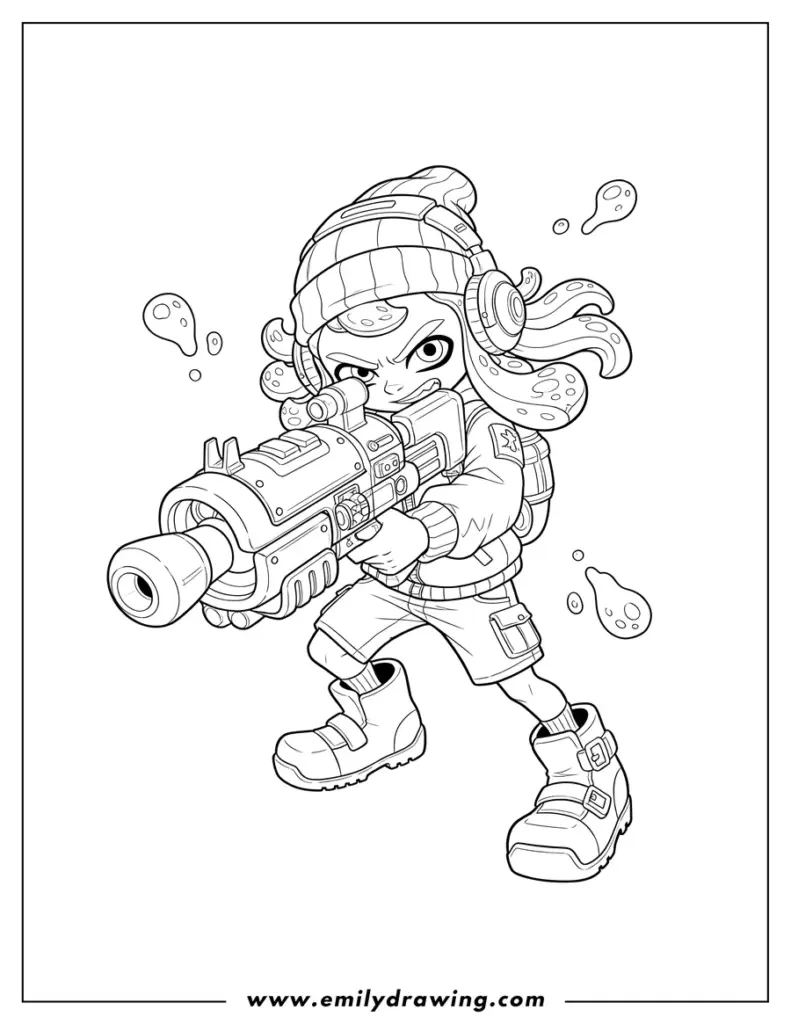 Cartoon inkling holding a large sci-fi blaster