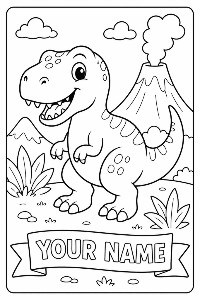 Cartoon dinosaur beside erupting volcano with blank name banner