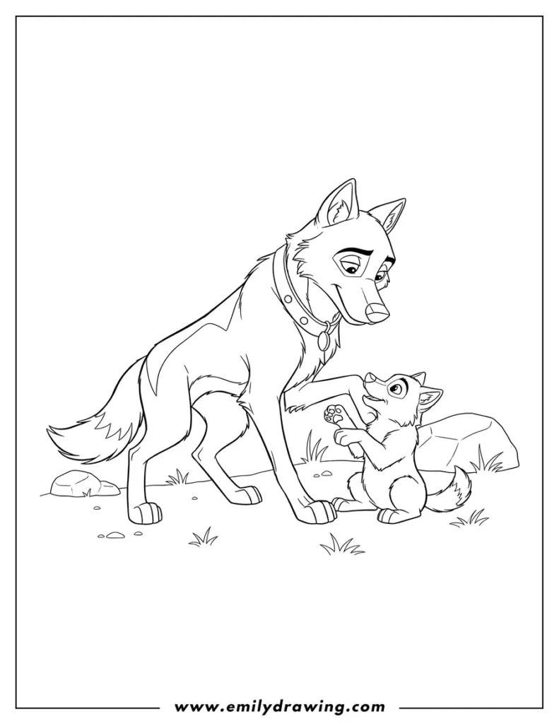 Adult wolf and puppy on grassy ground drawing