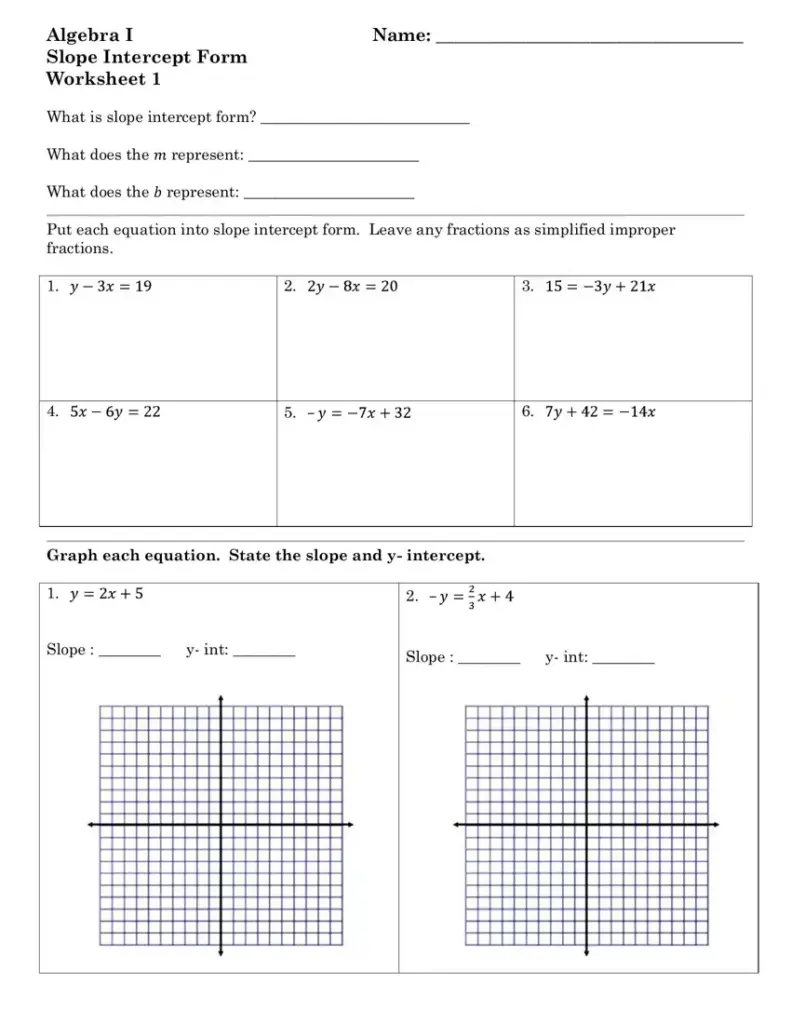 Algebra I slope-intercept form worksheet with graphs and equations