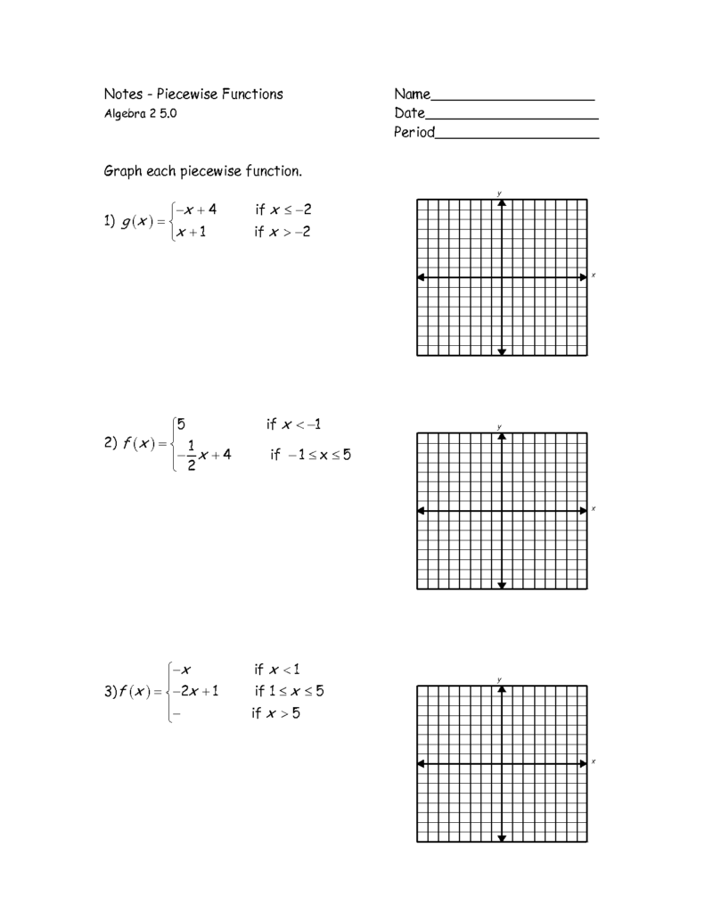 Piecewise functions algebra worksheet with three graphs