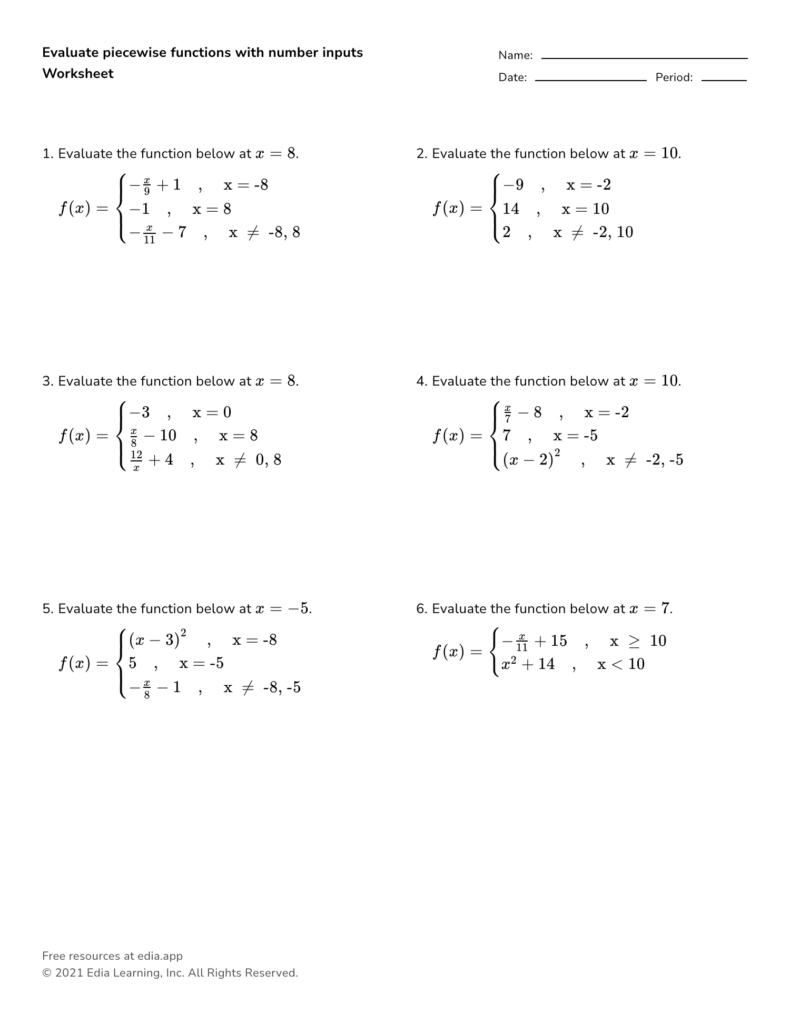 Math worksheet with piecewise function evaluation problems