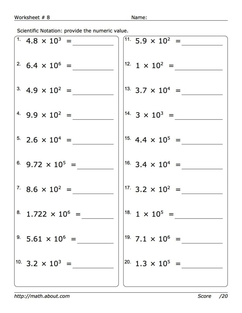 Scientific notation math worksheet with twenty problems