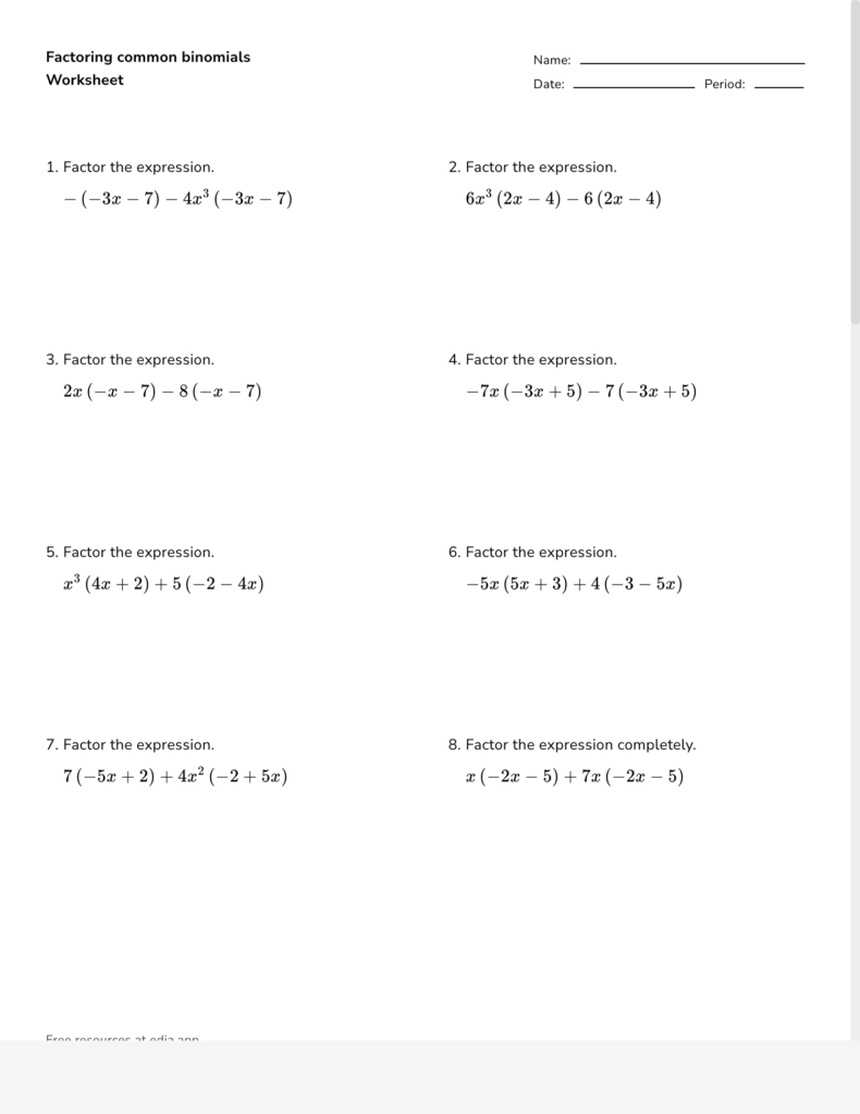 Math factoring worksheet with algebra expressions and answer lines