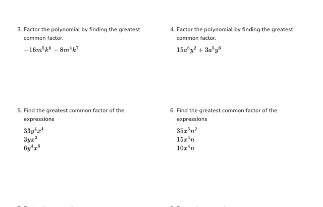 Math worksheet with factoring expressions and blanks