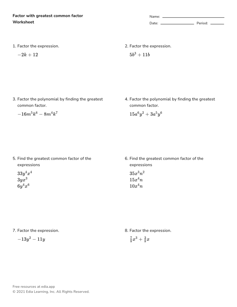 Algebra factoring worksheet with eight problems and blanks