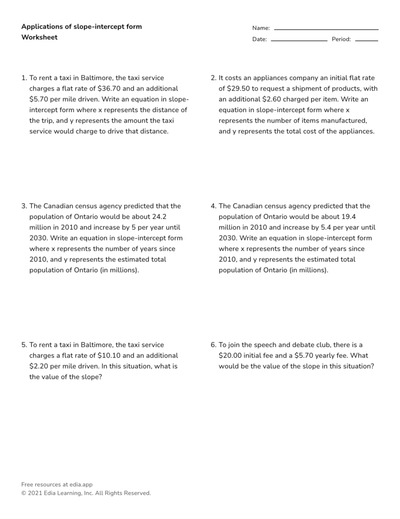 Math worksheet about slope-intercept form word problems