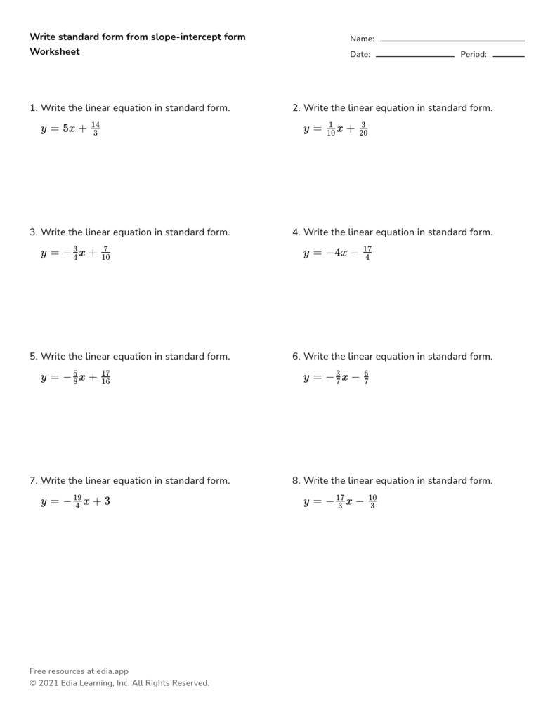 Math worksheet with linear equation problems and blanks