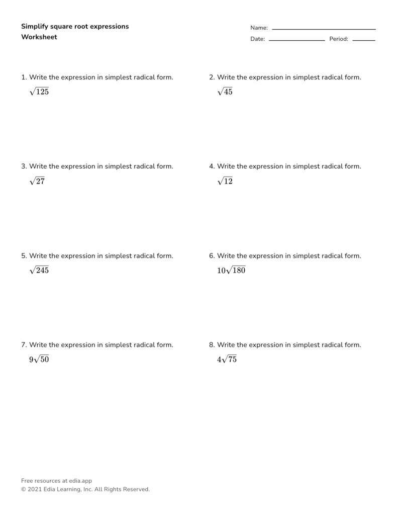 Square root simplification worksheet with eight problems and blanks